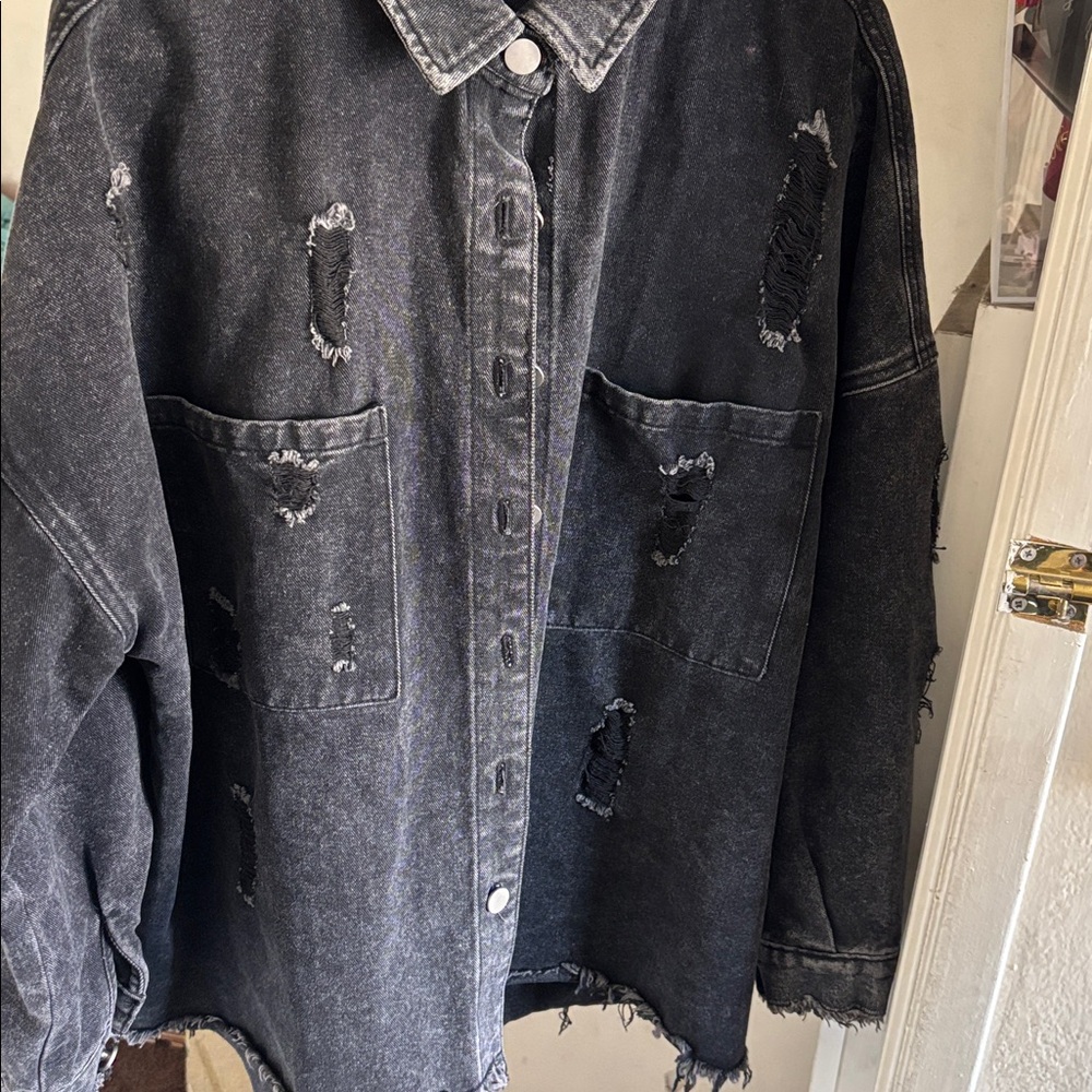 Distressed Black Denim Jacket - Picture 2 of 5